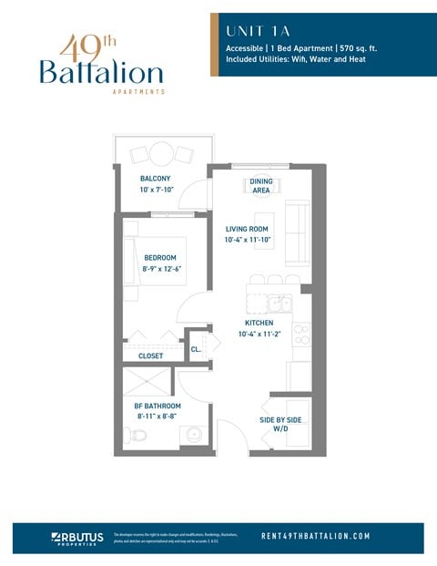 Floor plan for 1 bed, 1 bath, 570 sqft